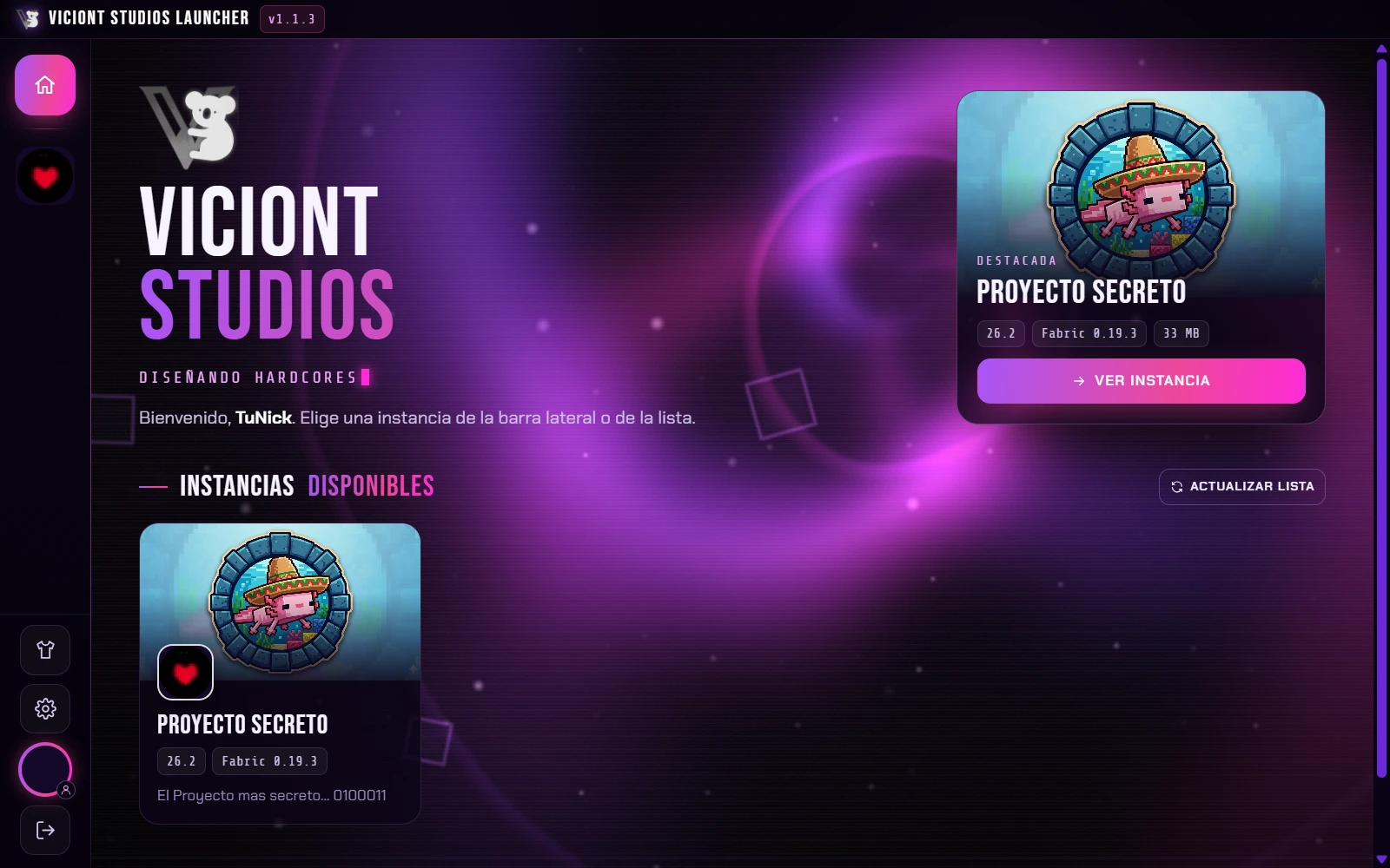 Viciont Studios Launcher: inicio con las instancias disponibles